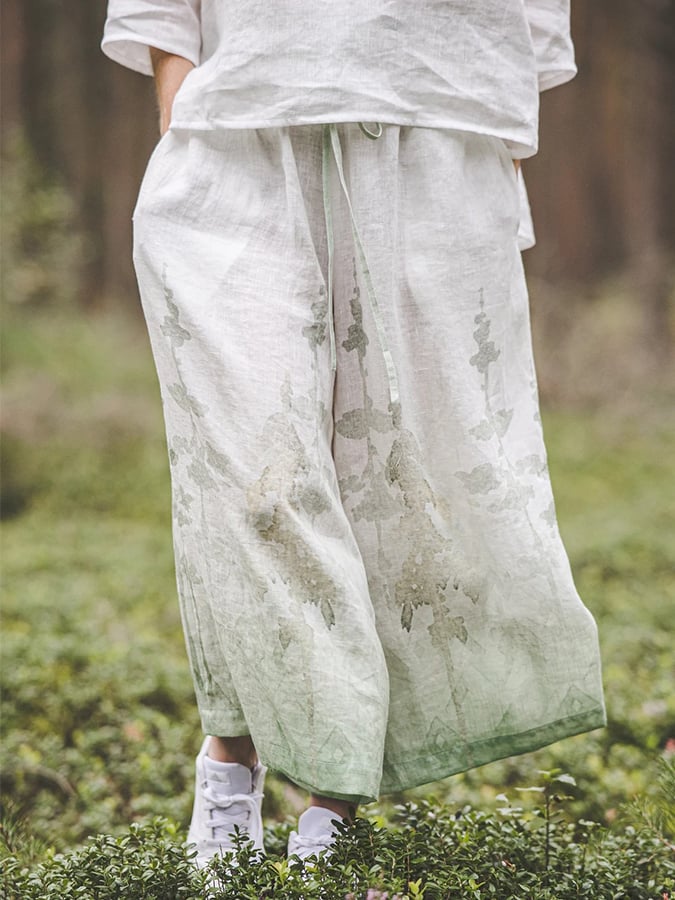 Women's Gradient Forest Print Linen Wide-Leg Pants
