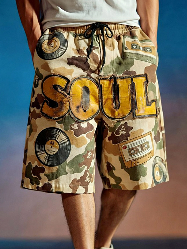 Men's Retro Soul Music Camouflage Art Print Casual Shorts