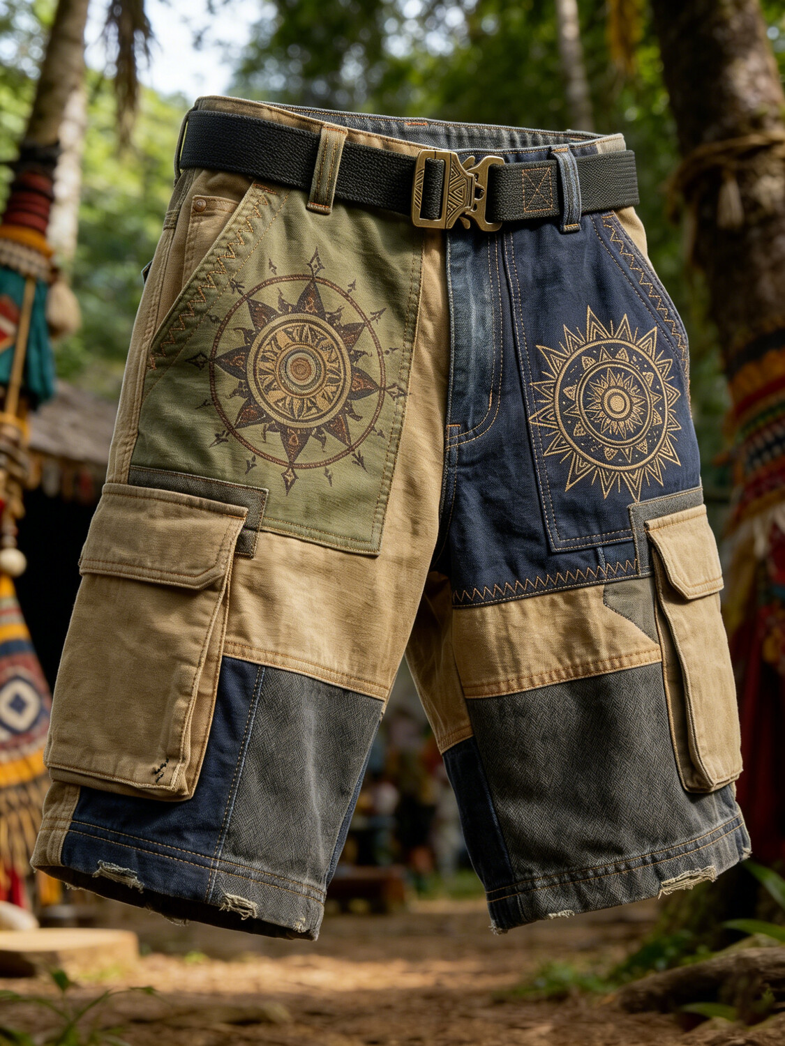 Men's Colorblock Viking Geometric Pattern Casual Cargo Shorts