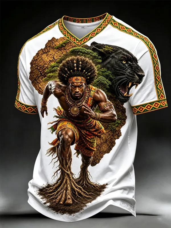 Men's Tribal African Warrior Black Panther Roots Art Print V Neck T-Shirt