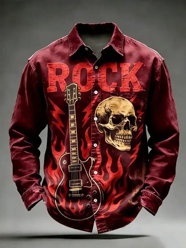 Men's Rock Guitar Skull Flames Art Print Long Sleeve Shirt