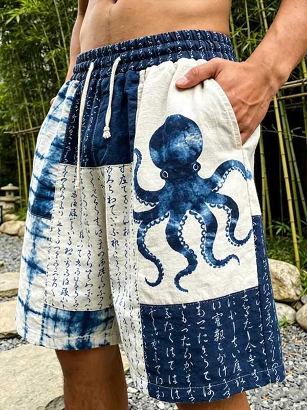 Men's Japanese Octopus Calligraphy Tie Dye Patchwork Art Print Casual Shorts