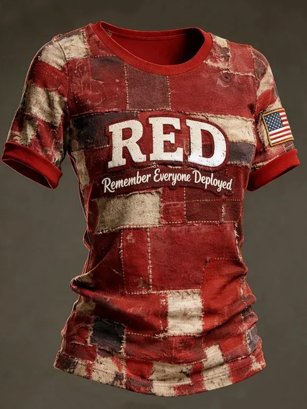 Women's USA Flag RED Remember Everyone Deployed Patchwork Art Print Casual T-Shirt