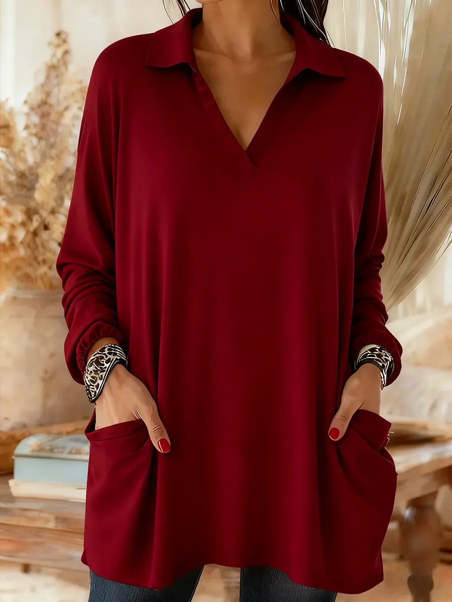 Women's Solid Color V-neck Long Sleeve Casual Loose Cotton Top