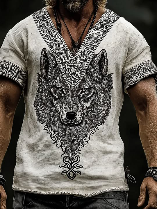 Men's Retro Viking Art Wolf Printed Casual V Neck T-Shirt