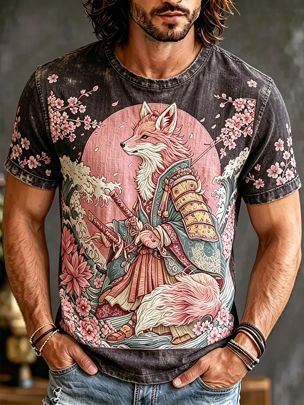 Men's Vintage Samurai Fox Japanese Ukiyo-e Cherry Blossom Print T-Shirt