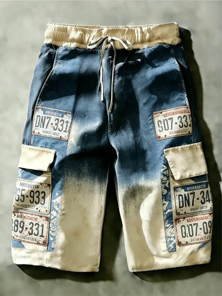 Men's Vintage Car Tag Gradient Print Drawstring Cargo Shorts