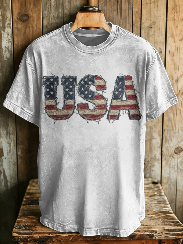 Men's USA Flag Vintage Frayed Letter Print Cotton Casual T-Shirt