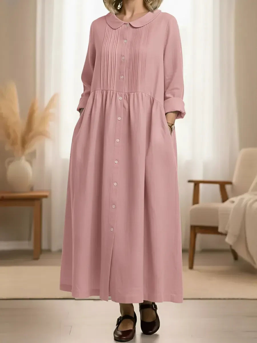 Women's Peter Pan Collar Long-sleeved Cotton And Linen Dress