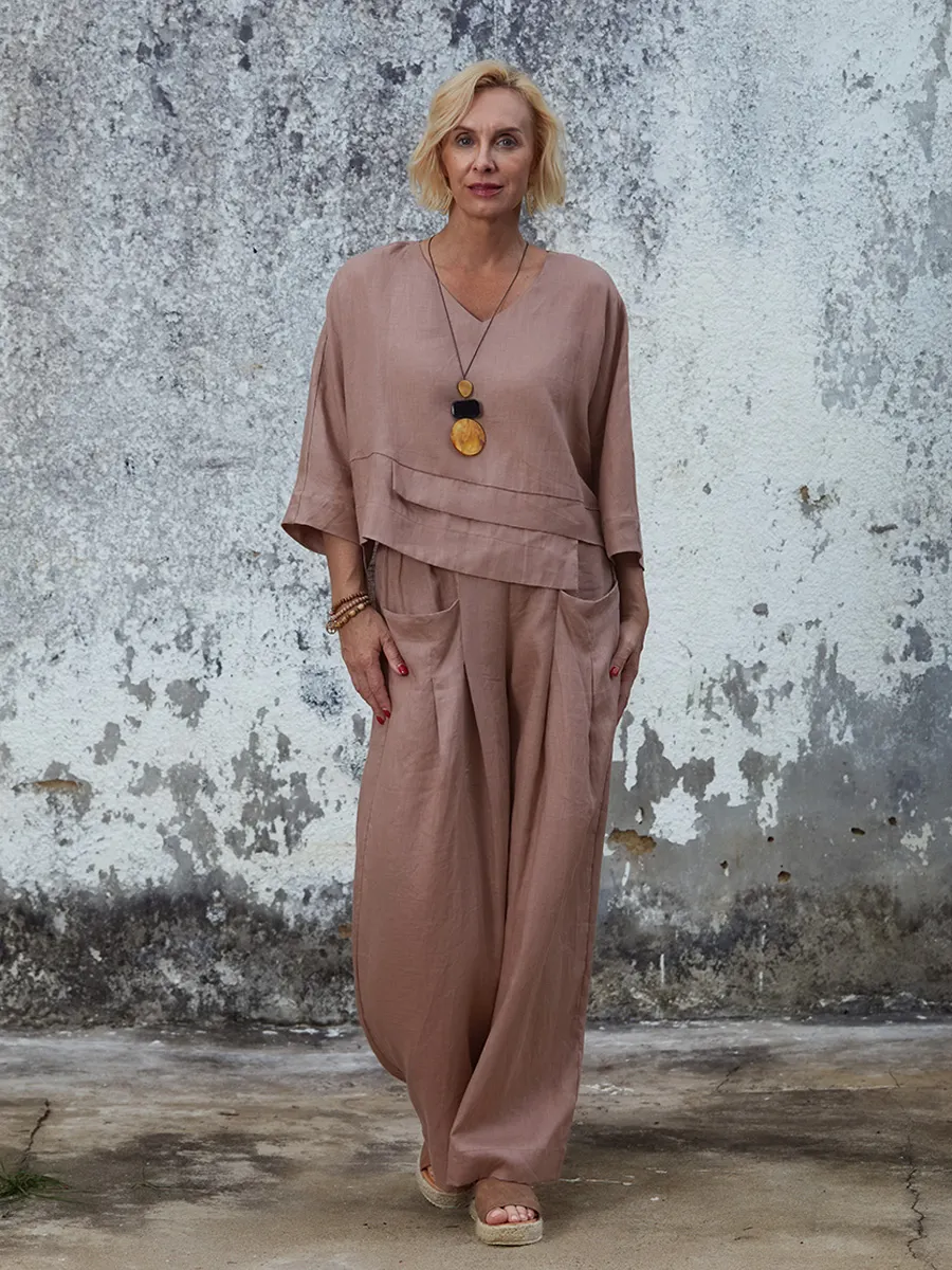 Women's Linen Asymmetric Top and Pats Sets