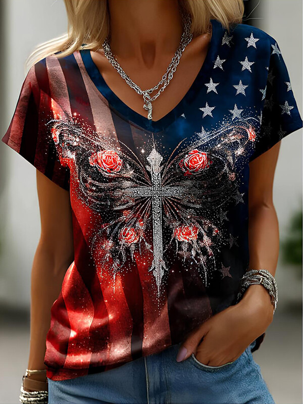 Women's Independence Day Butterfly Rose Cross Stars And Stripes Print Casual V Neck T-Shirt