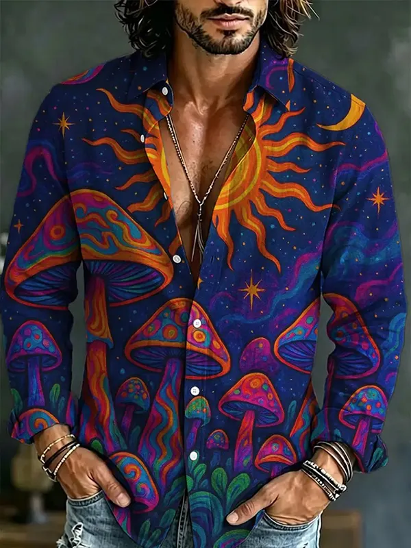 Men's Psychedelic Mushroom Sun Moon Print Long Sleeve Shirt