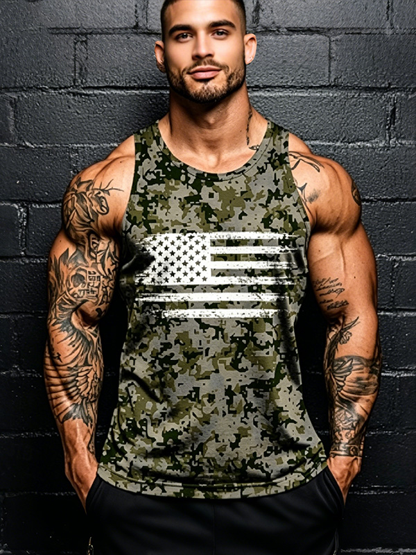 Men's Camouflage American Flag Art Print Tank Top