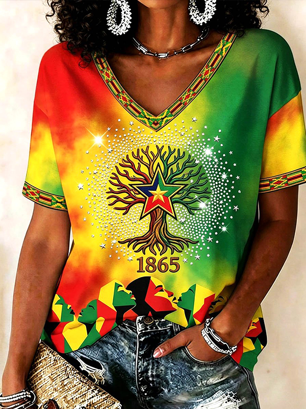 Women's Juneteenth 1865 African Roots Art Print V Neck Short Sleeve T-Shirt