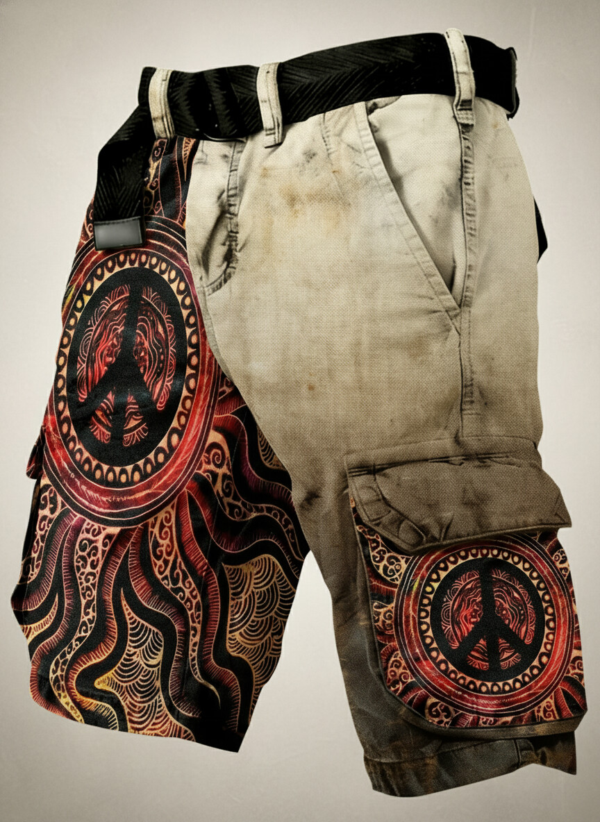 Men's Vintage Peace Sign Swirl Art Print Denim-Like Casual Shorts