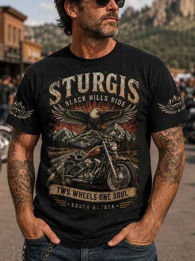 Men's Vintage Distressed Sturgis Motorcycle Bald Eagle Mountain Highway Print Casual T-Shirt