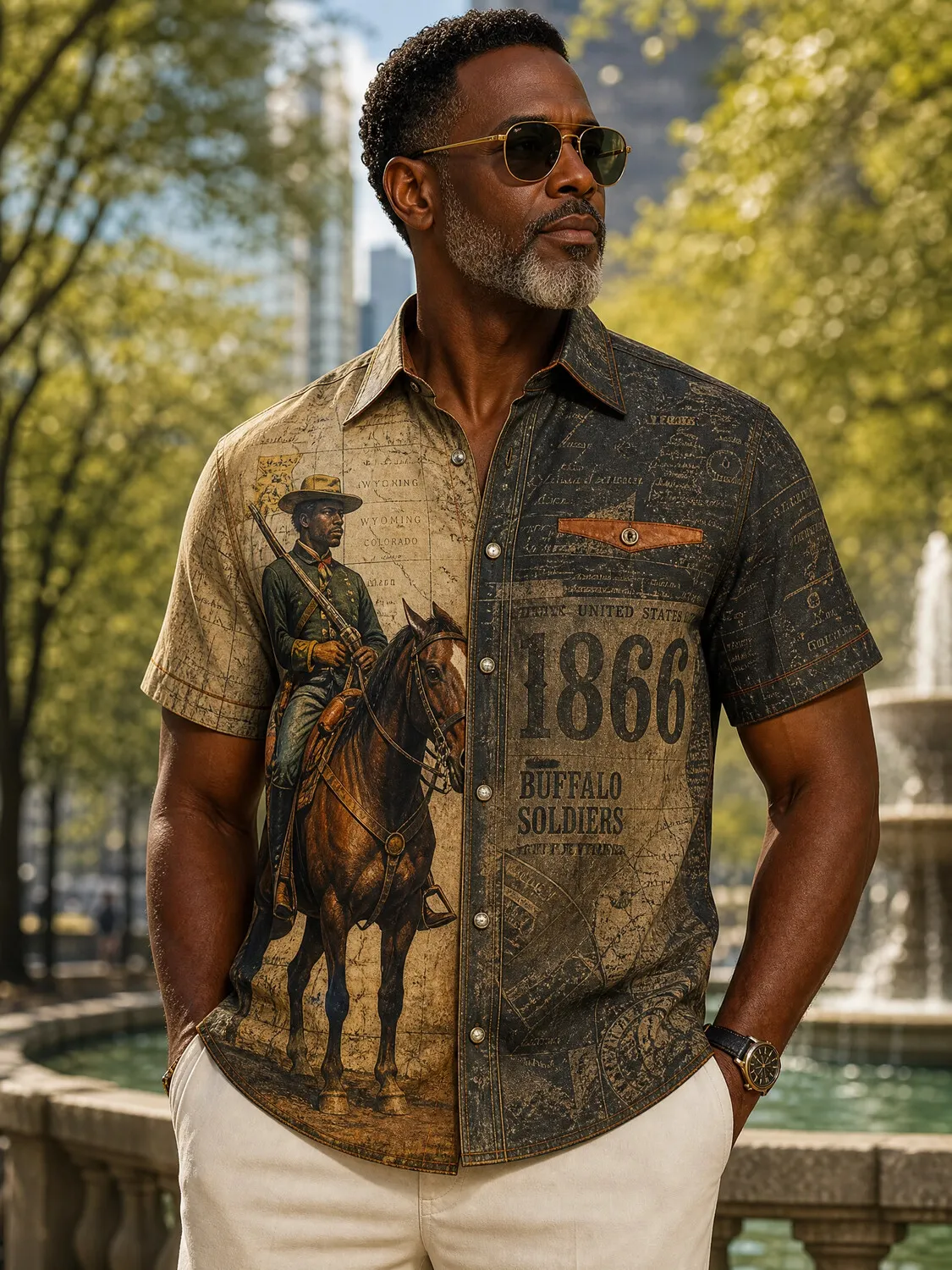 Men's Vintage Map Split Panel Buffalo Soldiers 1866 Cavalry Rider Print Short Sleeve Shirt