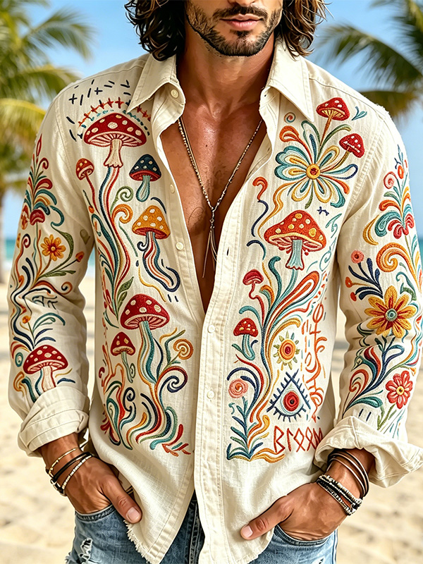 Men's Boho Mushroom And Floral Art Print Long Sleeve Shirt