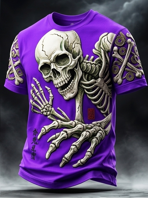 Men's Mysterious Japanese Skull Art Print Casual T-Shirt