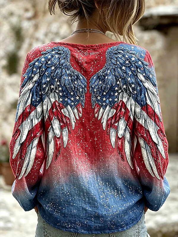 Women's USA Flag Wings Print Long Sleeve T-Shirt