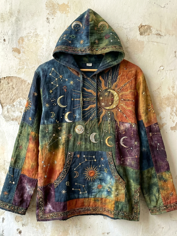 Men's Hippie Sun And Moon Gradient Colors Art Print Pocket Hoodie