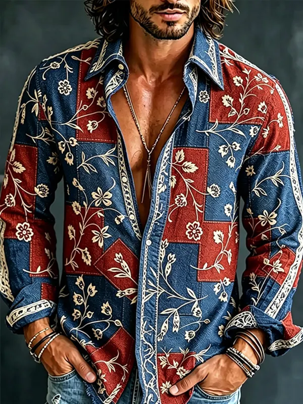 Men's Western Retro Patchwork Floral Vine Print Long Sleeve Shirt