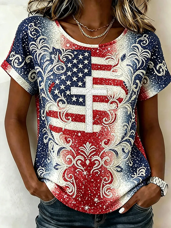 Women's American Flag Cross Art Pattern Print Casual T-Shirt