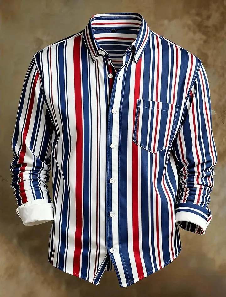 Men's Retro Stripes Print Pocket Long Sleeve Shirt