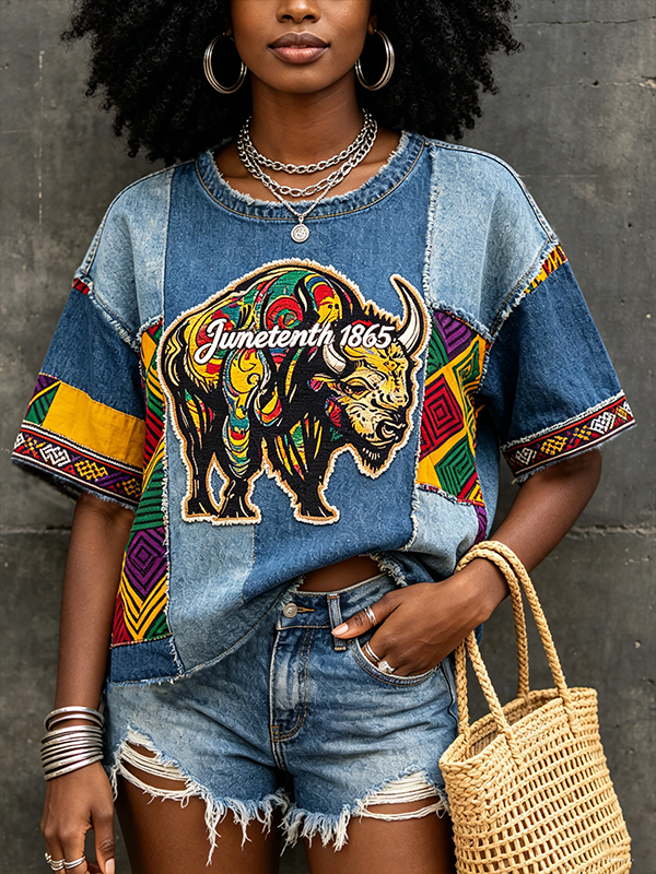 Women's Juneteenth 1865 Cow Ethnic Geometric Patchwork Print Casual T-Shirt