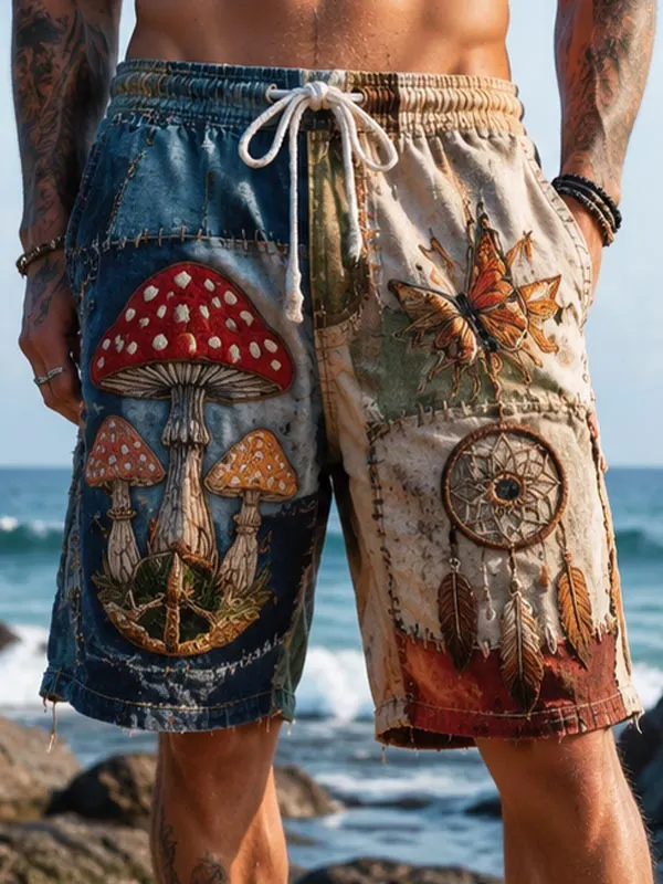 Men's Retro Mushroom and Dreamcatcher Patchwork Print Casual Shorts
