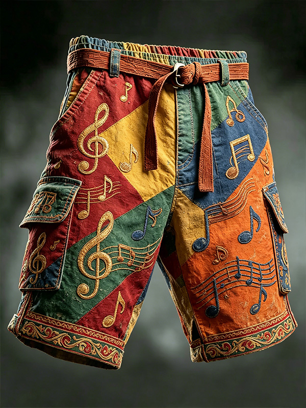 Men's Colorblock Musical Notes Print Cargo Shorts
