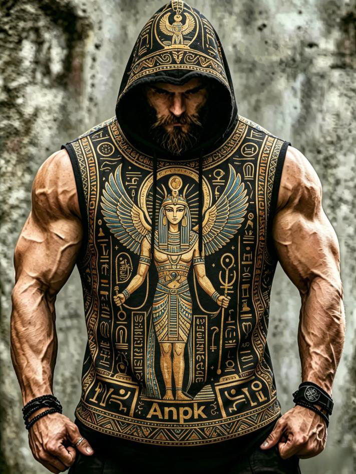 Men's Ancient Egyptian Pharaonic Art Print Workout Hooded Tank Top