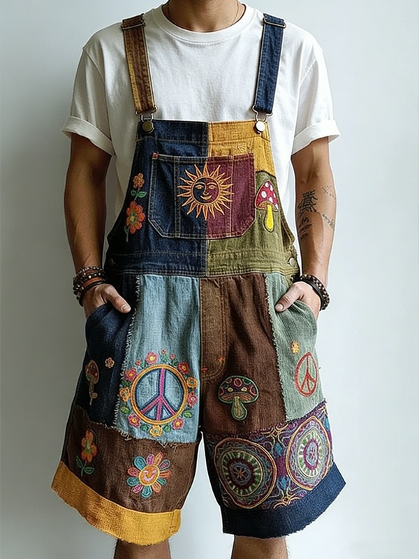 Men's Retro Bohemian Hippie Art Sun Colorblock Print Denim-Like Shorts Overalls