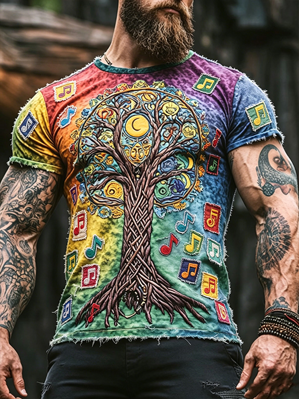 Men's Tie Dye Tree Of Life Music Note Patchwork Print T-Shirt