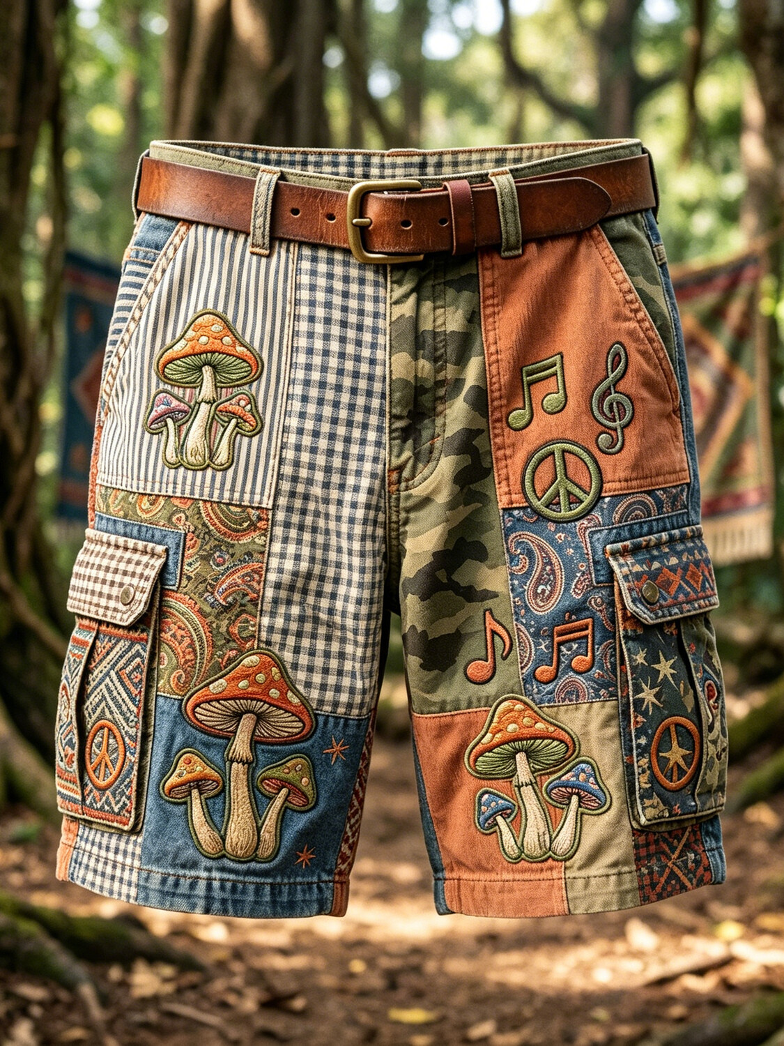 Men's Mushroom Peace Music Patchwork Boho Hippie Art Print Casual Shorts