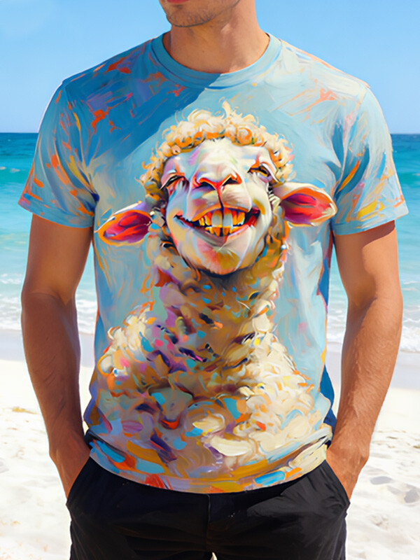 Men's Fun Cheerful Sheep Oil Painting Art Print Casual T-Shirt