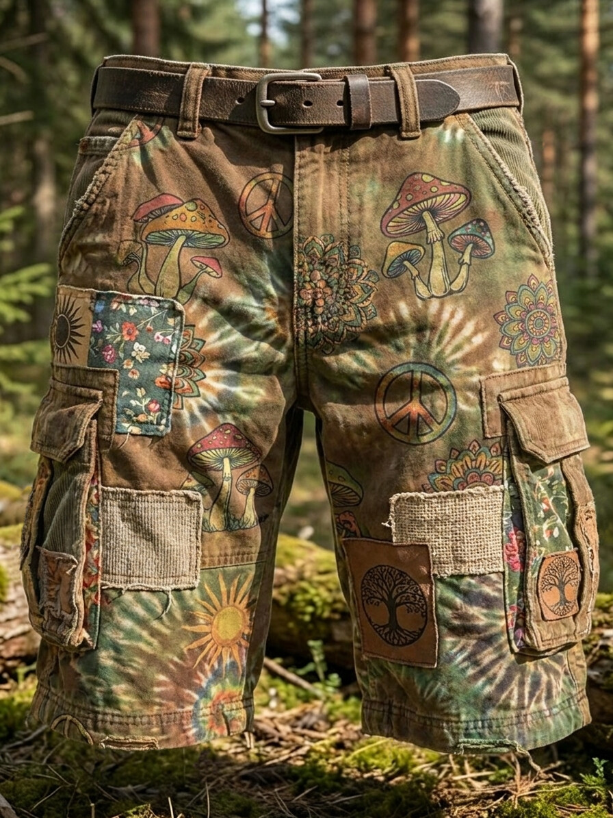 Men's Boho Mushroom And Peace Sign Tie-Dye Patchwork Print Casual Shorts