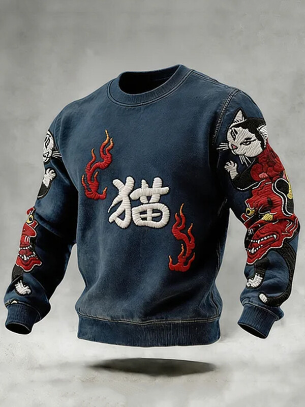 Men's Cat Demon Japanese Kanji Art Print Casual Sweatshirt