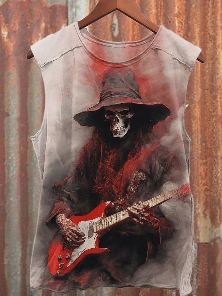 Men's Grim Reaper Skeleton Playing Guitar Art Print Tank Top
