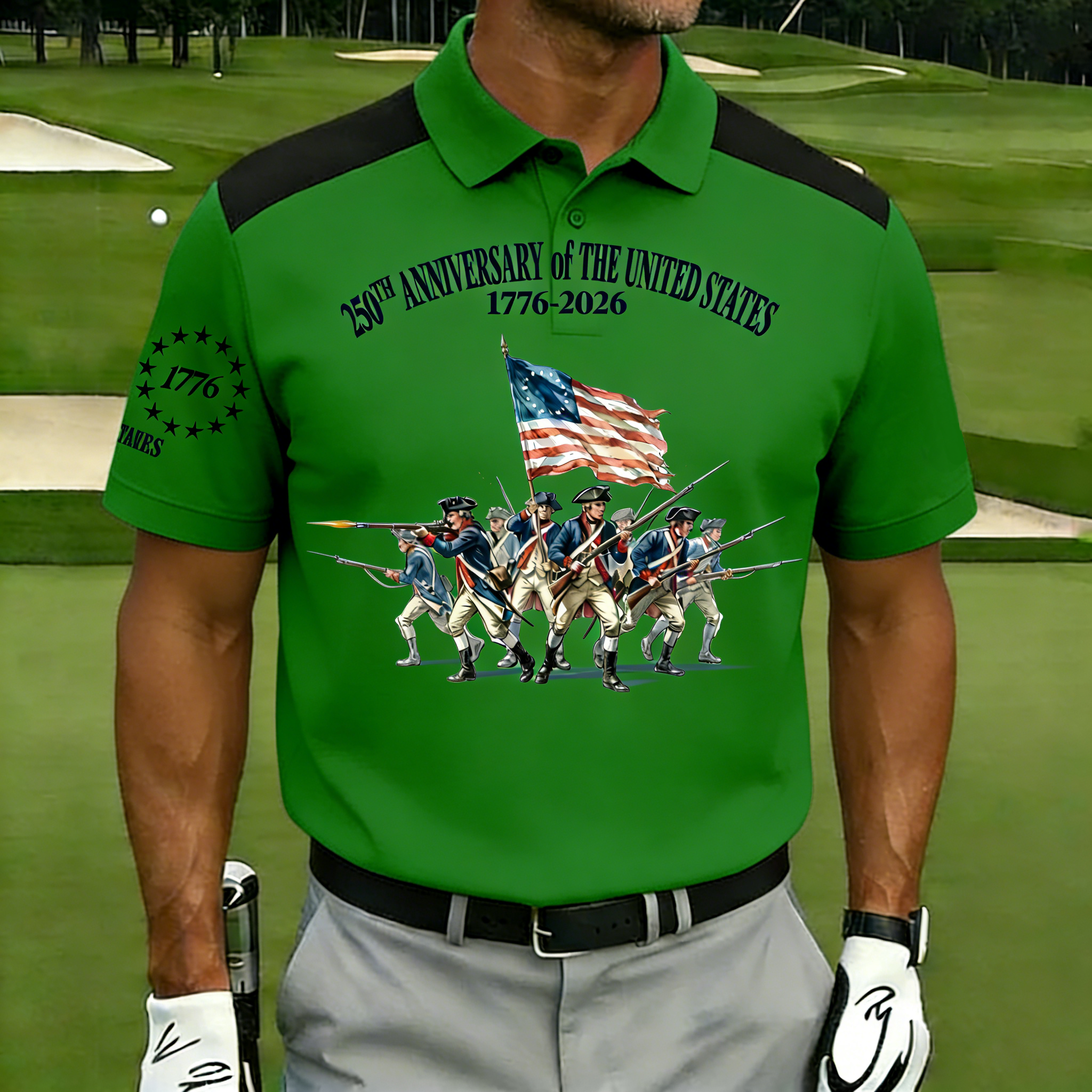 Men's 250th Anniversary US Revolutionary Soldier Polo Shirt | Patriotic Short Sleeve Golf Tee