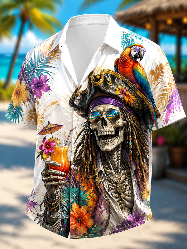 Men's Skull Pirate Captain Goes On Vacation And Drinks Cocktails Art Print Shirt