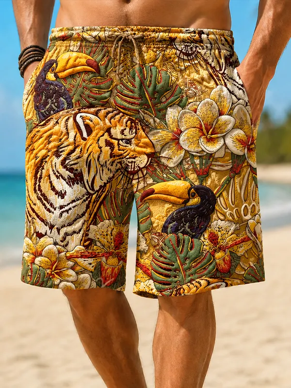 Men's Vintage Embossed Tropical Tiger Toucan Floral Print Casual Shorts