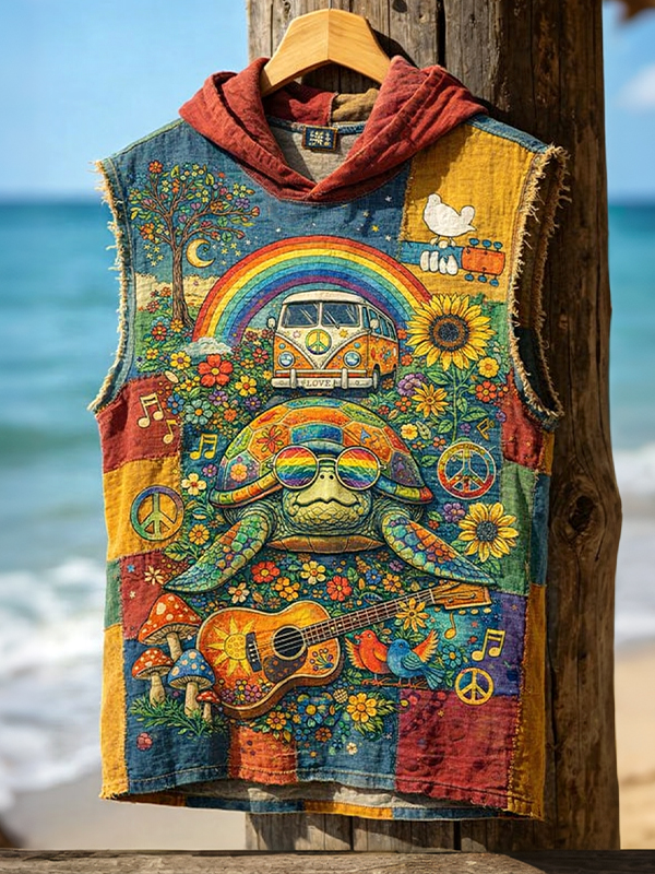 Men's Hippie Turtle Fun Vacation Art Print Workout Hooded Tank Top