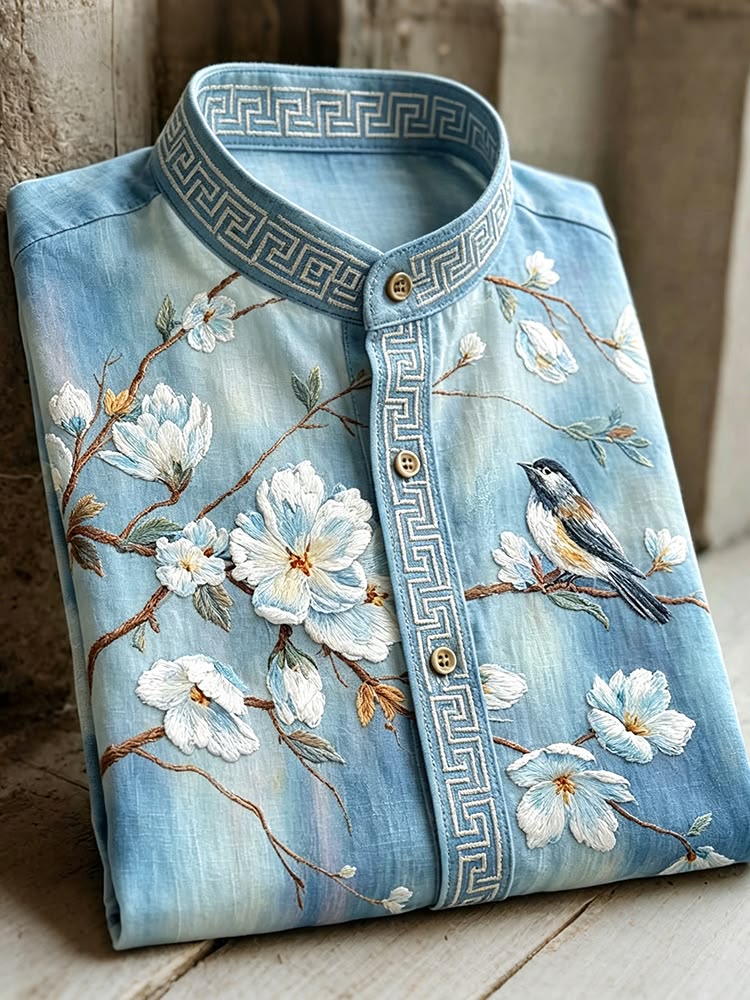 Men's Magnolia & Bird Art Print Long Sleeve Shirt