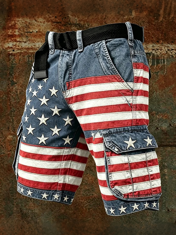 Men's Retro American Flag Striped Stars Art Print Casual Shorts