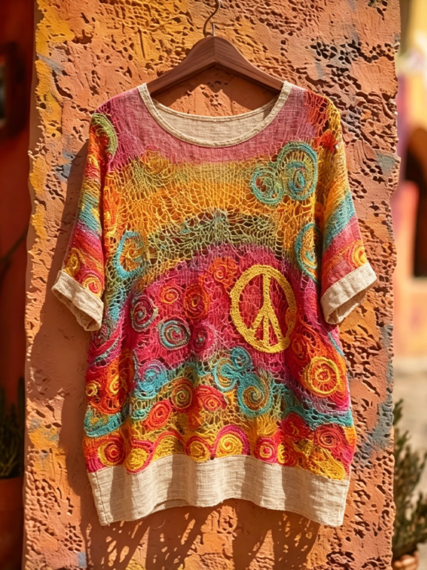 Women's Rainbow Crochet Peace Sign Swirl Pattern Boho Art Print Casual T-Shirt