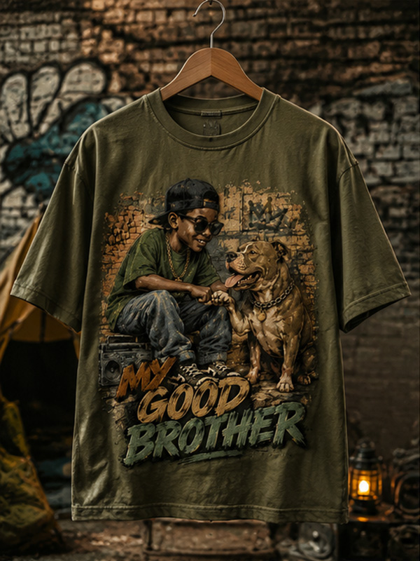 Men's Black Boy And Dog My Good Brother Print Casual T-Shirt