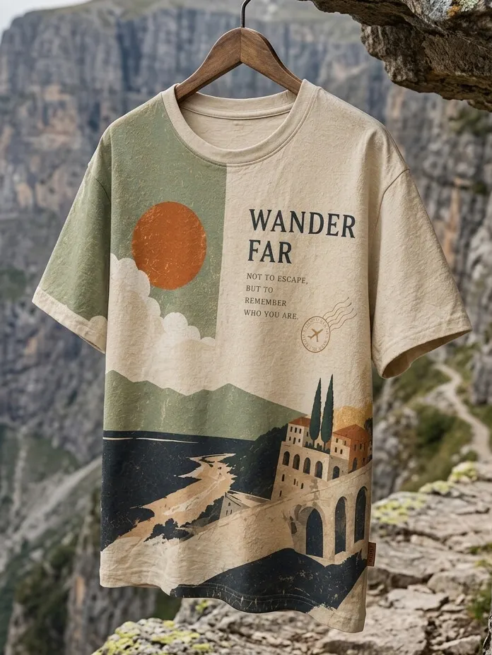 Men's Color Block Mediterranean Coastal Town Mountain Sunset Wander Far Art Print T-Shirt