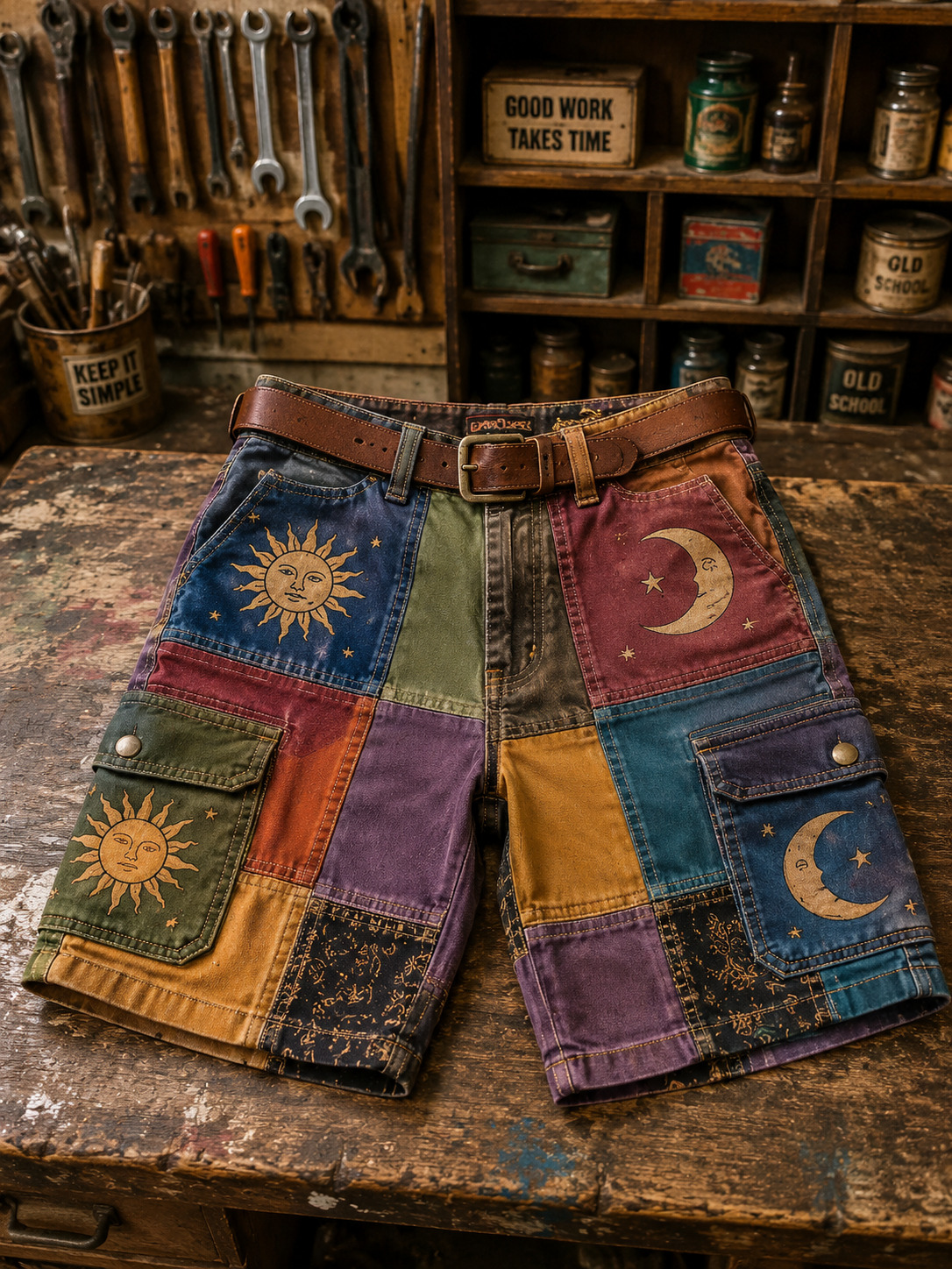 Men's Mysterious Art Of Geometric Sun And Moon Collages Print Cargo Shorts