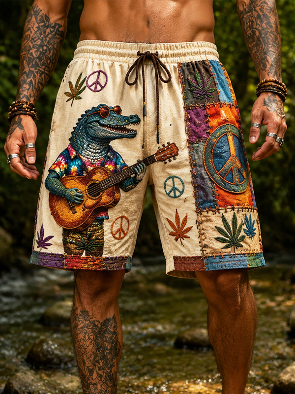 Men's Fun Crocodile Playing Guitar Art Print Casual Shorts